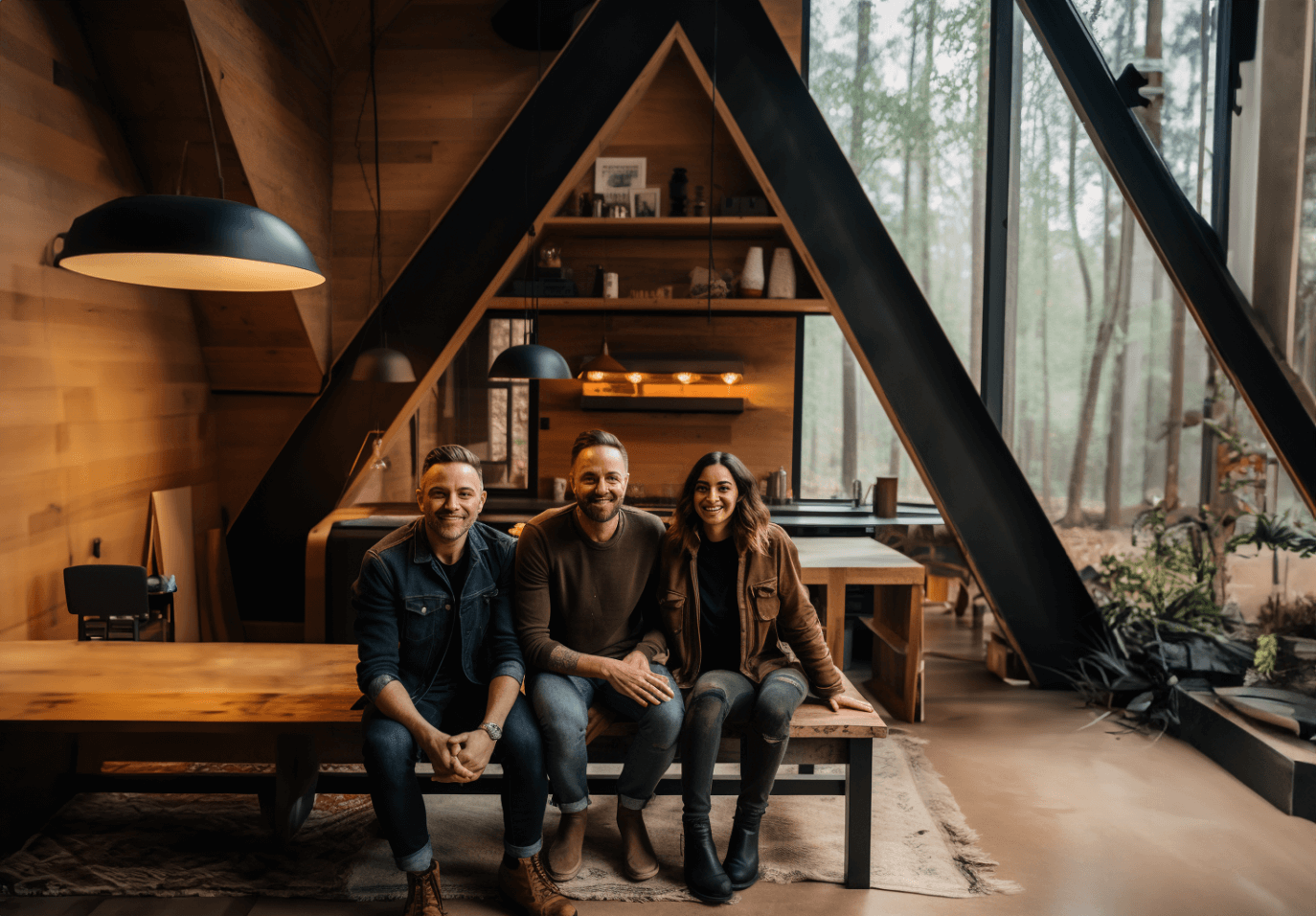 Group of team members happy sitting in cabin