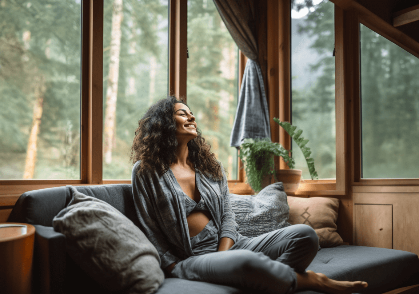 Woman happy relaxing in cabin